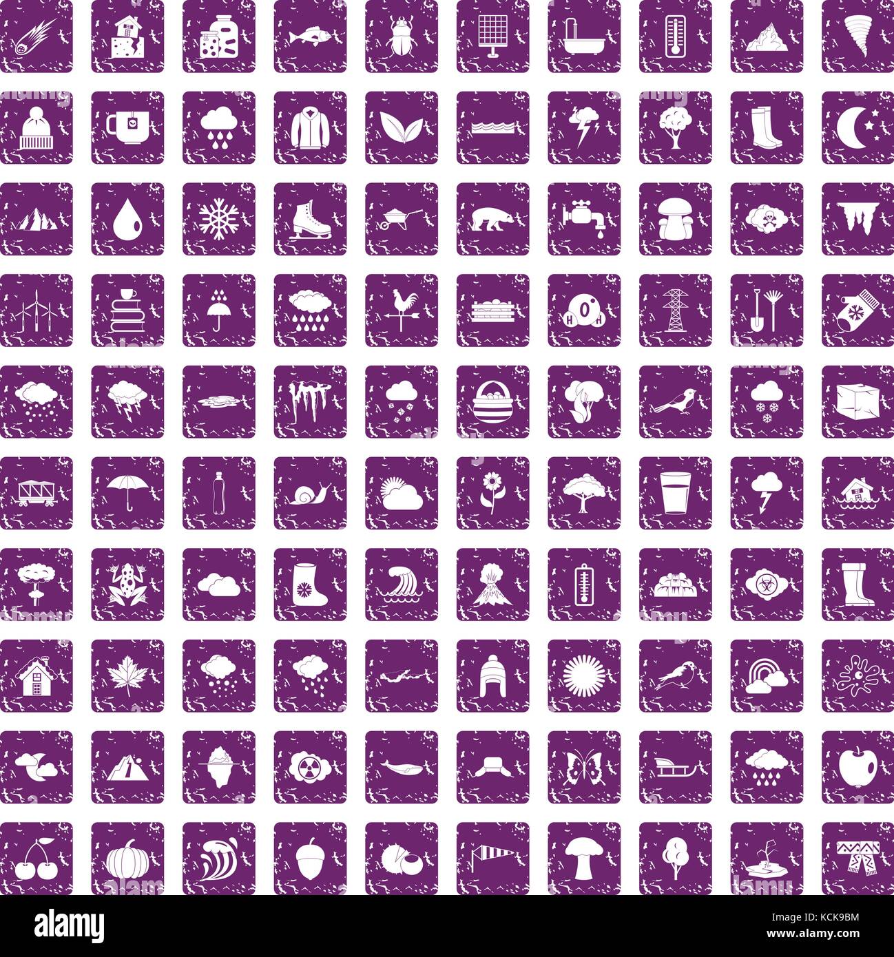 100 clouds icons set grunge purple Stock Vector