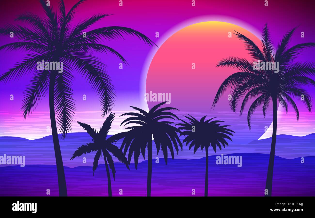 Palm trees on tropical sunrise Stock Vector