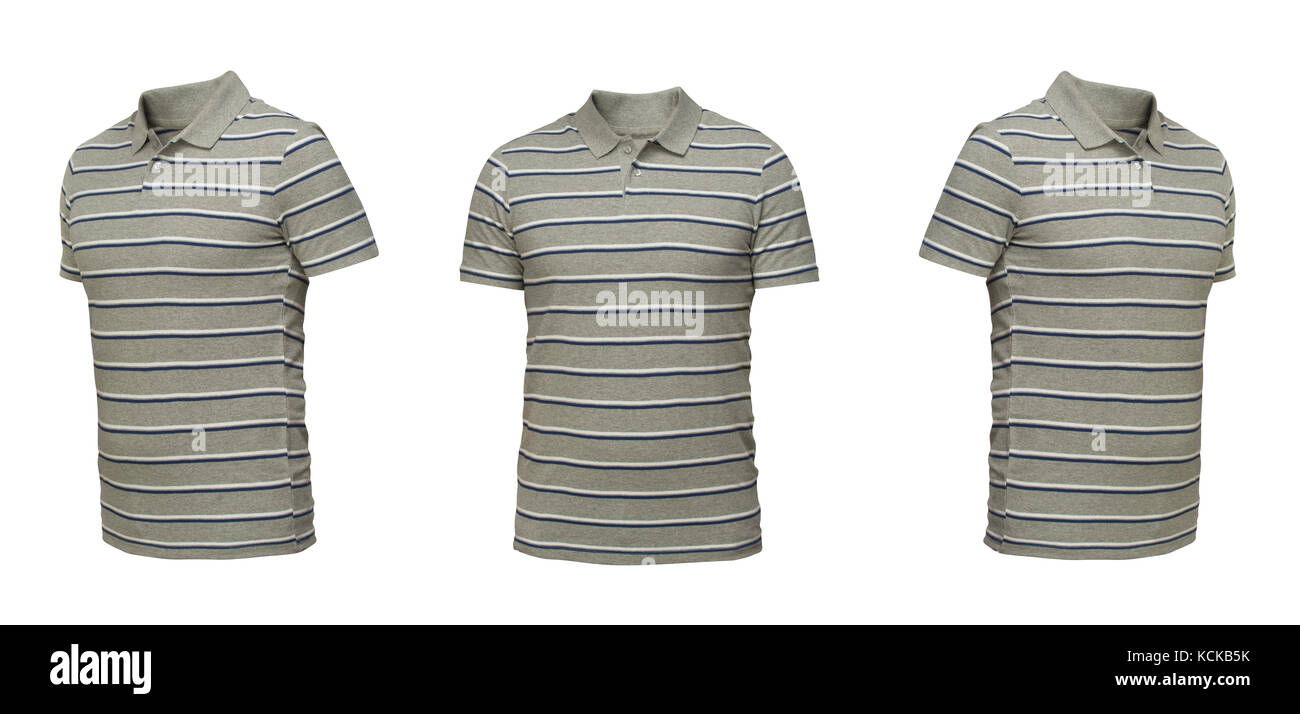 Gray polo shirt with stripes. t-shirt front view three positions on a white background Stock Photo