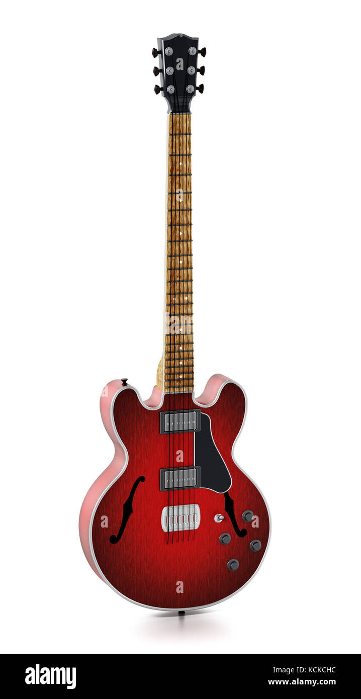 Electric guitar with flaming red wooden finish. 3D illustration. Stock Photo