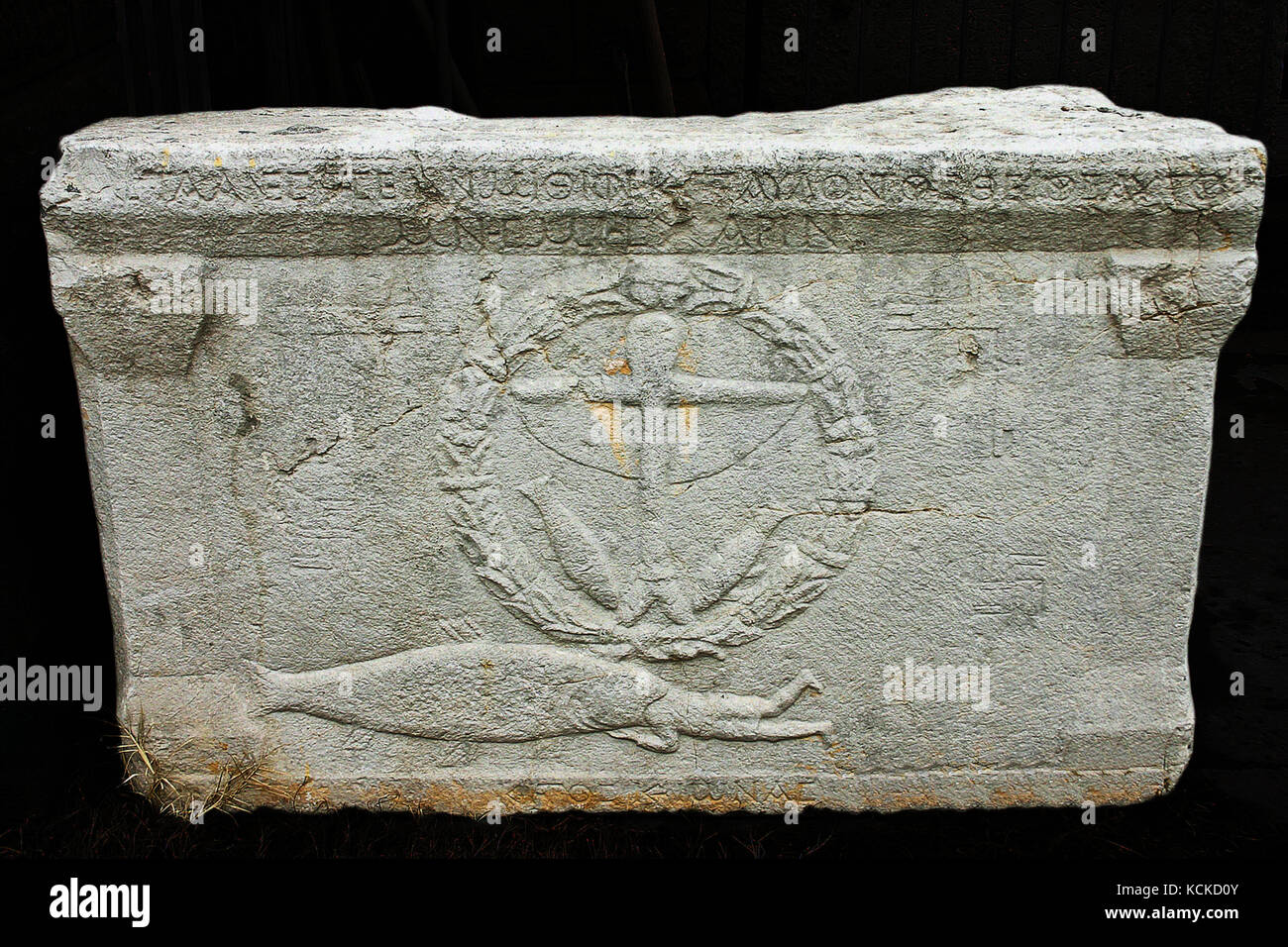 6106. Sarcophagus depicting Jonah being swallowed by a fish and some Christian symbols. Konya, Turkey Stock Photo