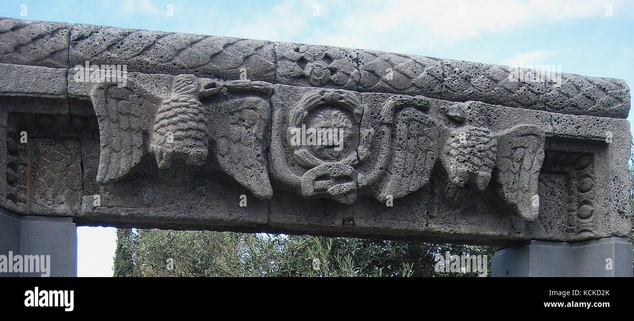 6129. Lintel from an entrance door to a 4-5th. C. synagogue in Golan. Black basalt stone, Stock Photo