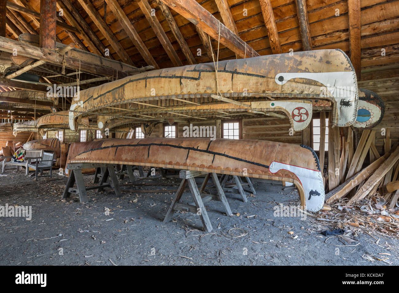 Birch bark canoes in the Canoe Shed building, Fort William Historical Park, Thunder Bay, Ontario, Canada. Stock Photo