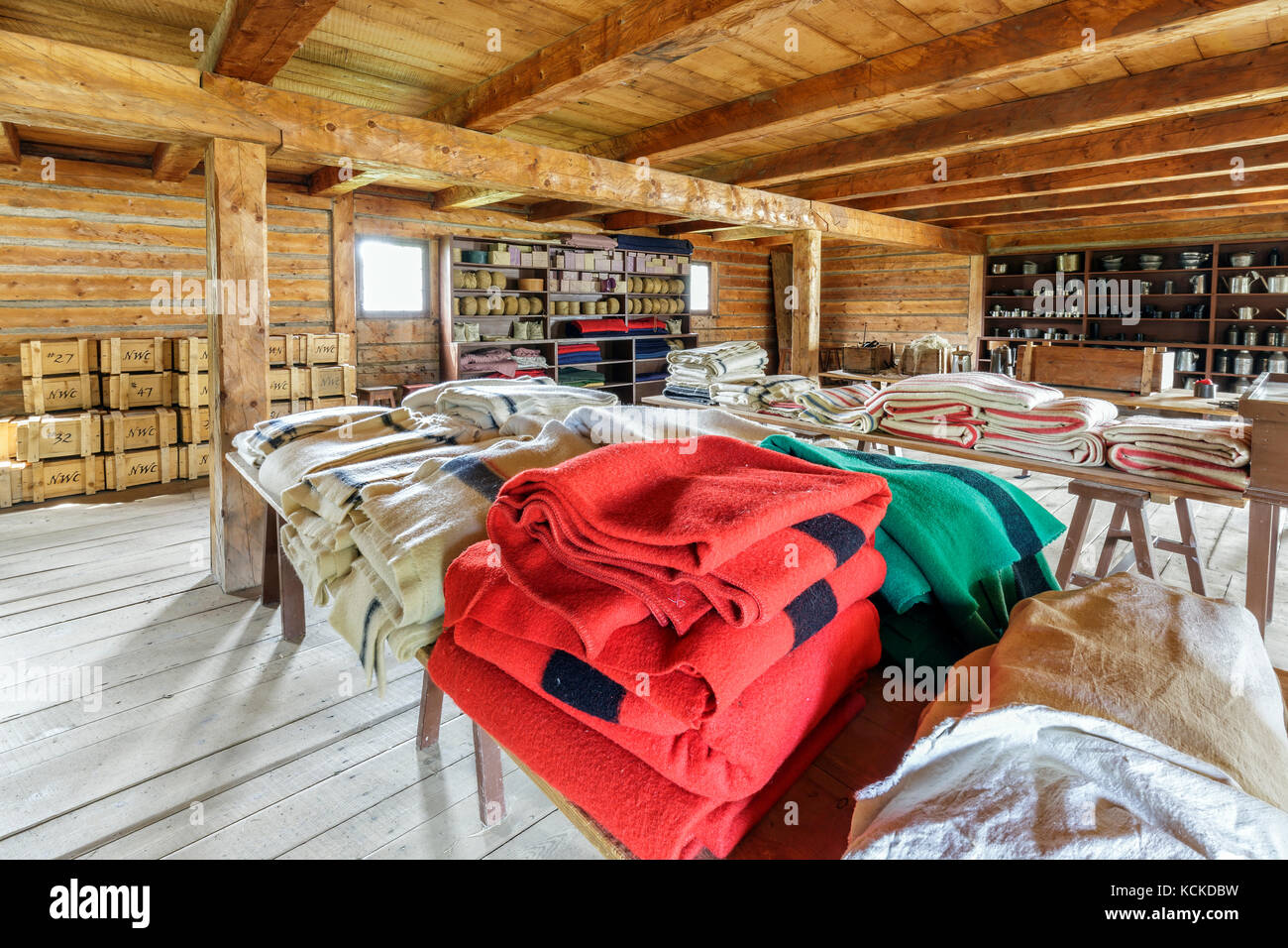 Wool blankets of The North West Company, Fort William Historical Park, Thunder Bay, Ontario, Canada. Stock Photo