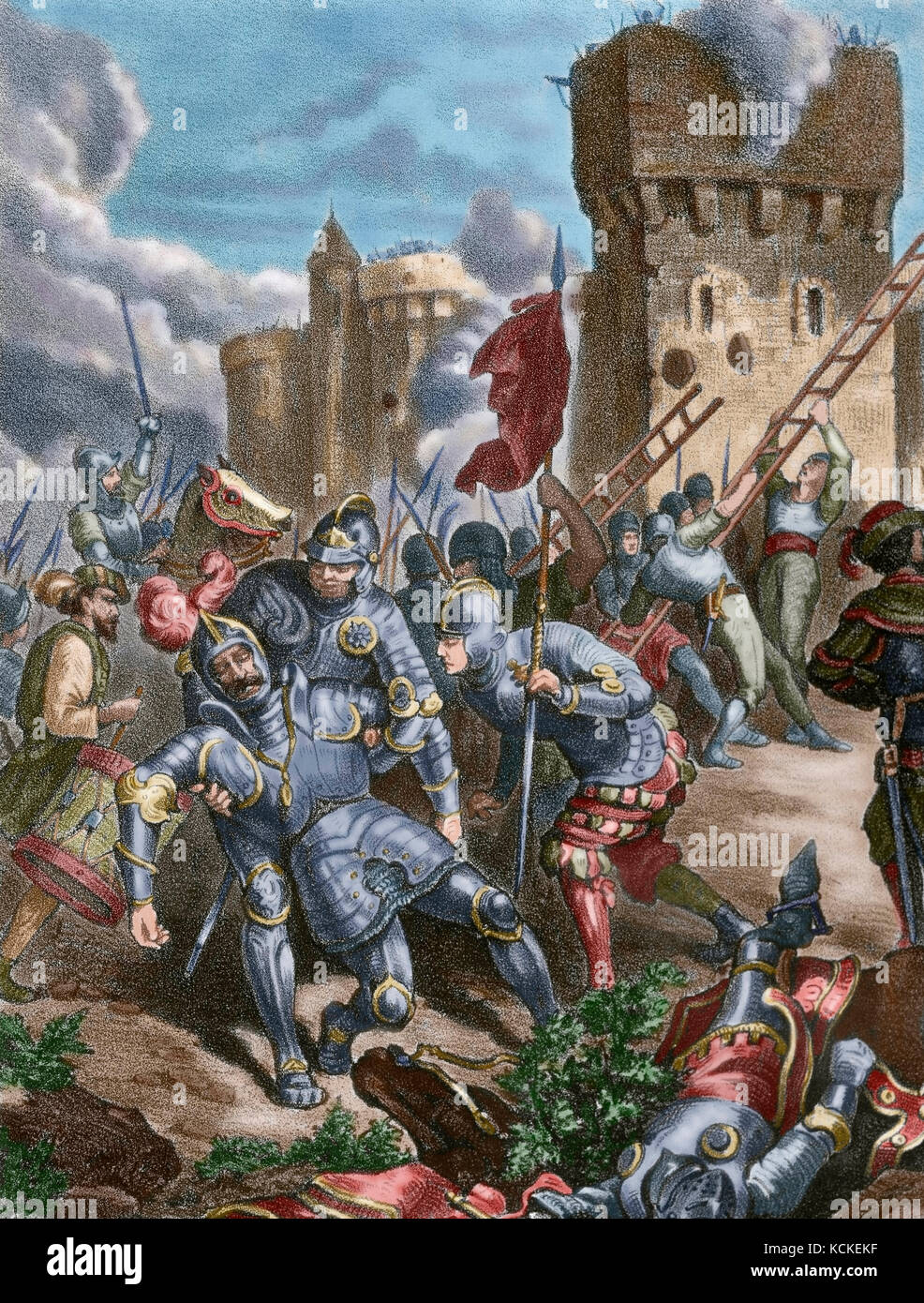 War of the League of Cognac (1526-1530). Sack of Rome on 6 May, 1527. Military event carried out by the troops of Holy Roman emperor Charles V (1500-1558). Charles III, Duke of Bourbon (1490-1527) and Constable of France, was in command of the imperial soldiers. His troops took the city and sacked it. Death of the Constable in the assault to Rome. Engraving. Colored. Stock Photo