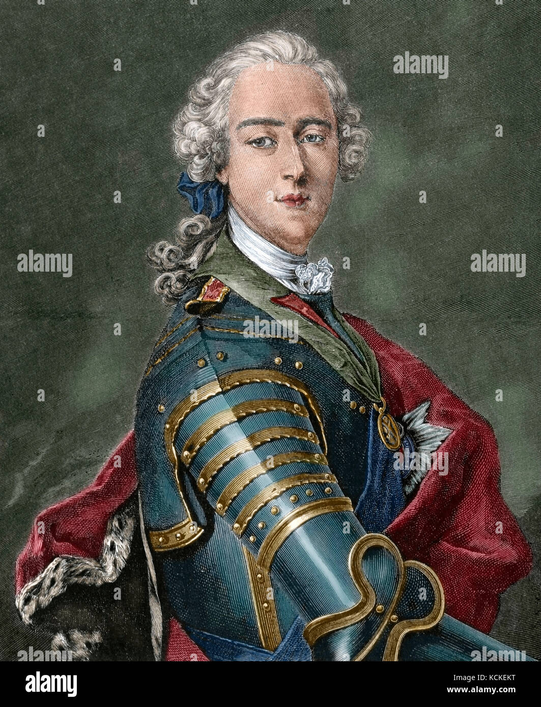 Charles Edward Stuart (1720-1788), known as The Young Pretender and The Young Chevalier. Second Jacobite pretender to the thrones of England, Scotland, France and Ireland, as Charles III, from the death of his father in 1766. Portrait. Engraving by R. Taylor. Colored. Stock Photo