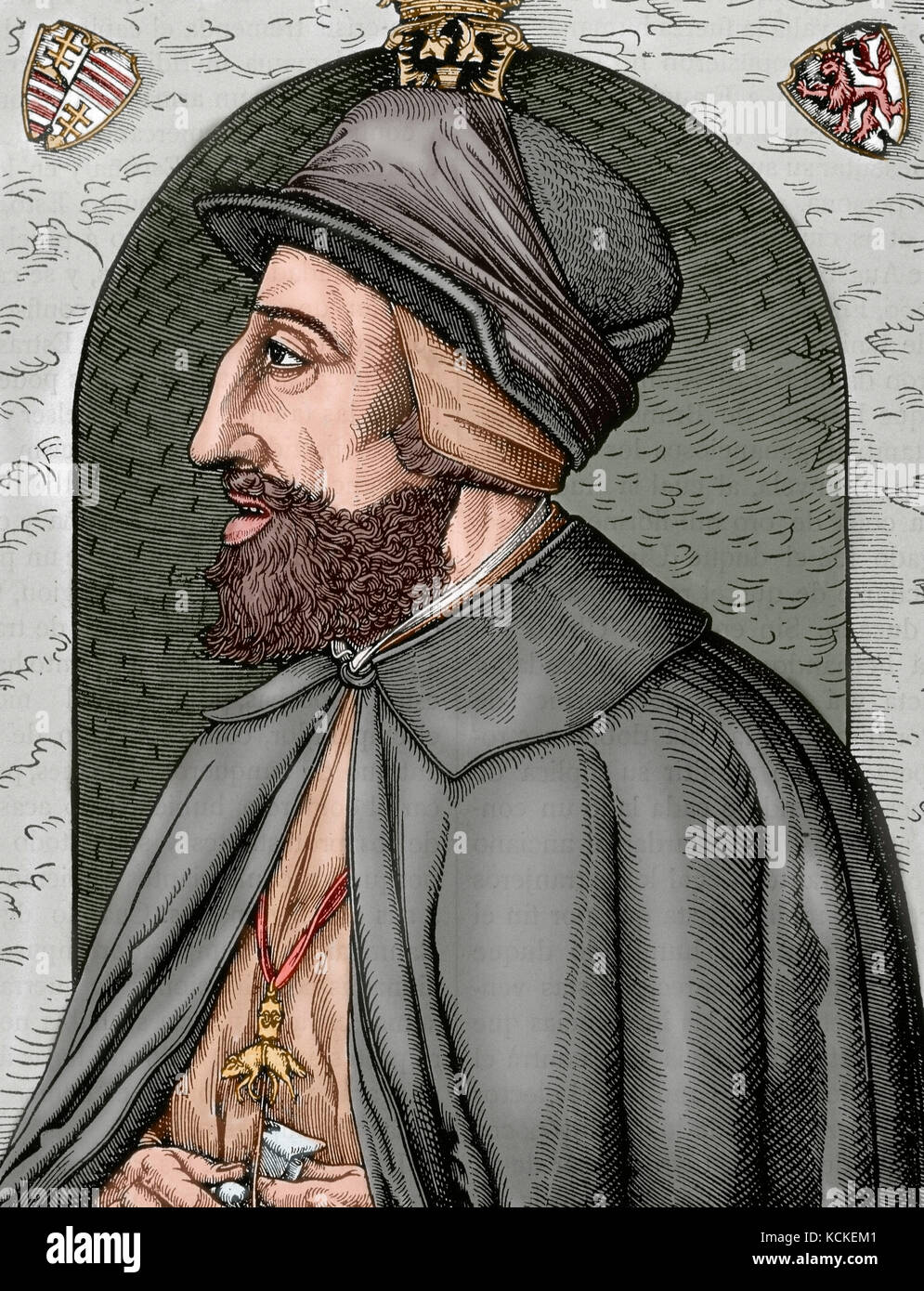 Charles V, Holy Roman Emperor (1500-1558). He was  ruler of both the Spanish Empire, as Charles I,  from 1516 and the Holy Roman Empire, as Charles V, from 1519. Portrait. Engraving. Colored. Stock Photo