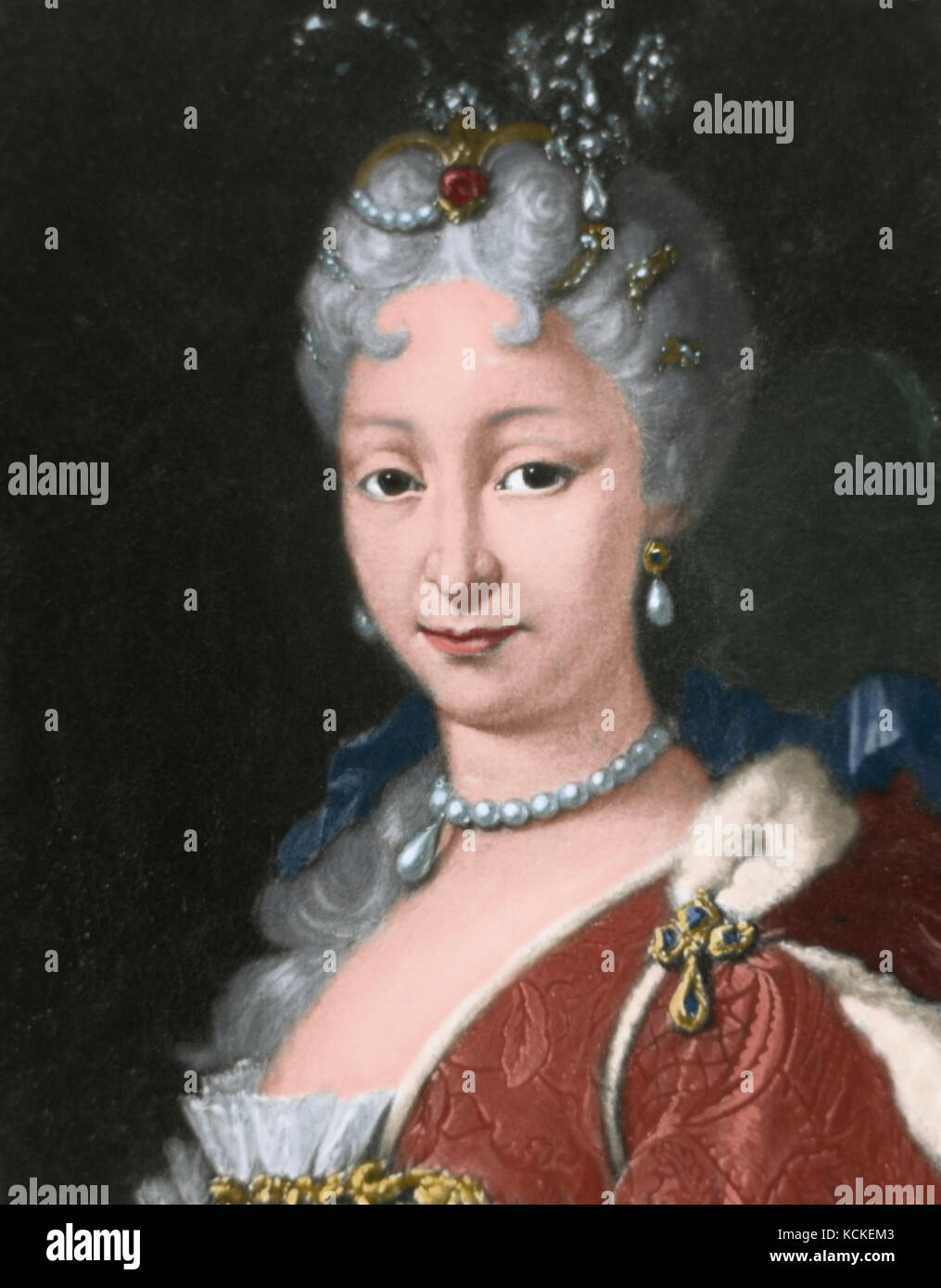 Elisabeth Farnese (1692-1766). Queen consort of Spain, wife of Philip V. Portrait. Engraving. Colored. Stock Photo