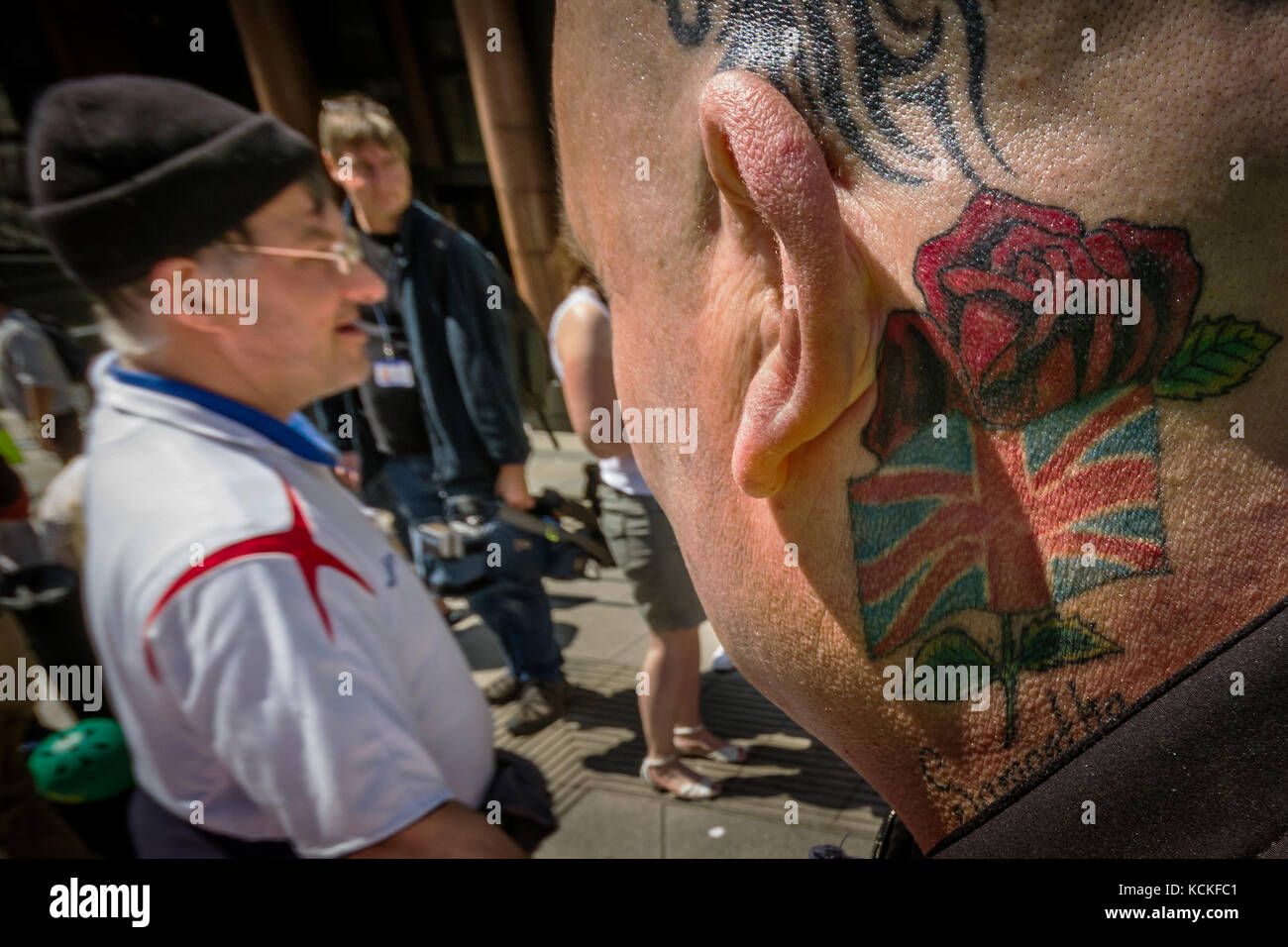 English Defence League (EDL) supporters outside Old Bailey court in London, UK. Stock Photo