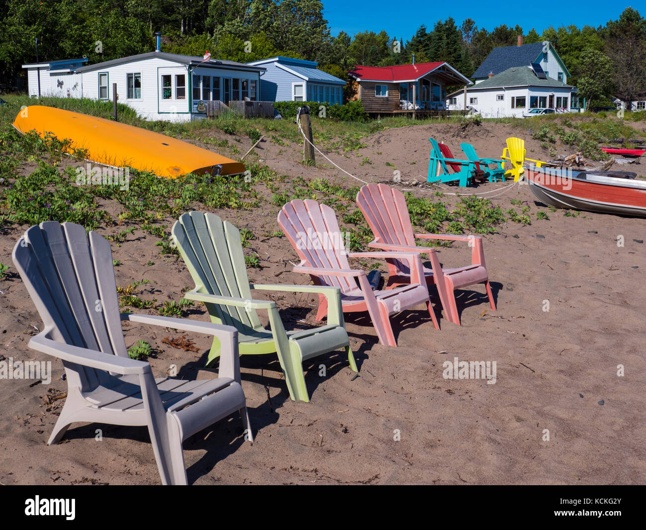Chairs on the beach, Silver Islet on the Sibley Peninsula, Lake Superior, Ontario, Canada Stock