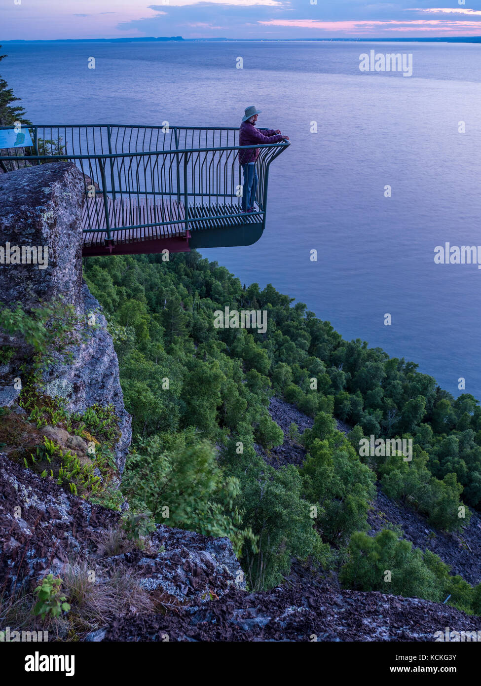 Woman at Thunder Bay Lookout, Sleeping Giant Provincial Park, Ontario, Canada. Stock Photo
