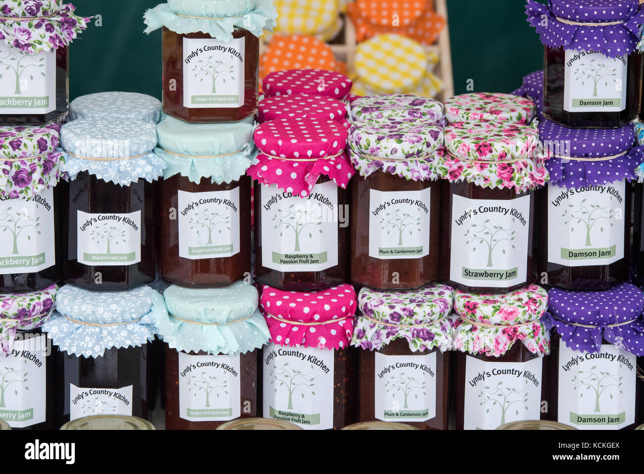 Homemade jams on a farmers market stall for sale at the Malvern autumn