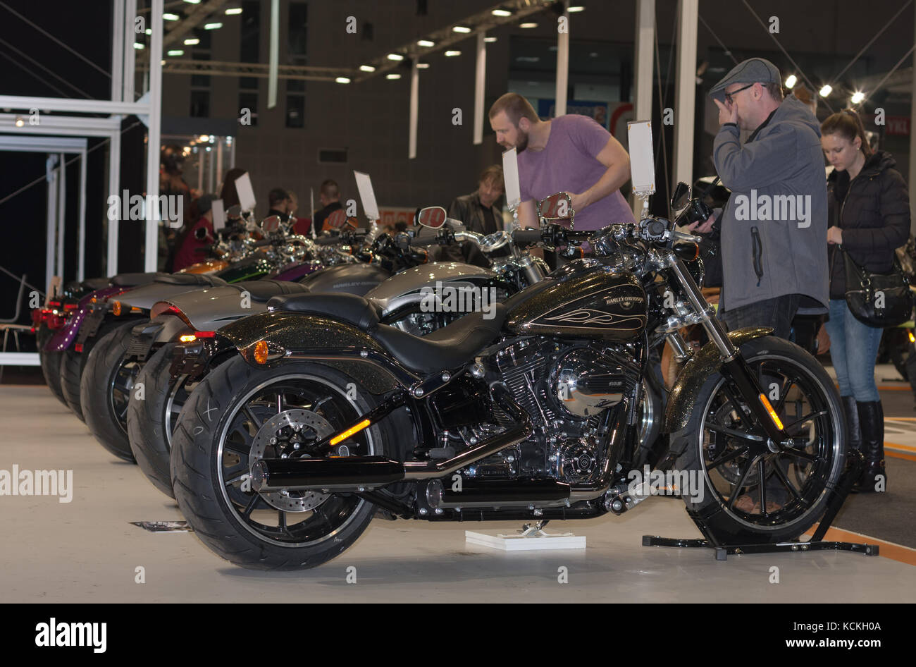 BRNO, CZECH REPUBLIC-MARCH 4,2016: Visitors viewing a  group of motorcycles  Harley Davidson at International Fair for Motorcycles on  March 4,2016 in Stock Photo