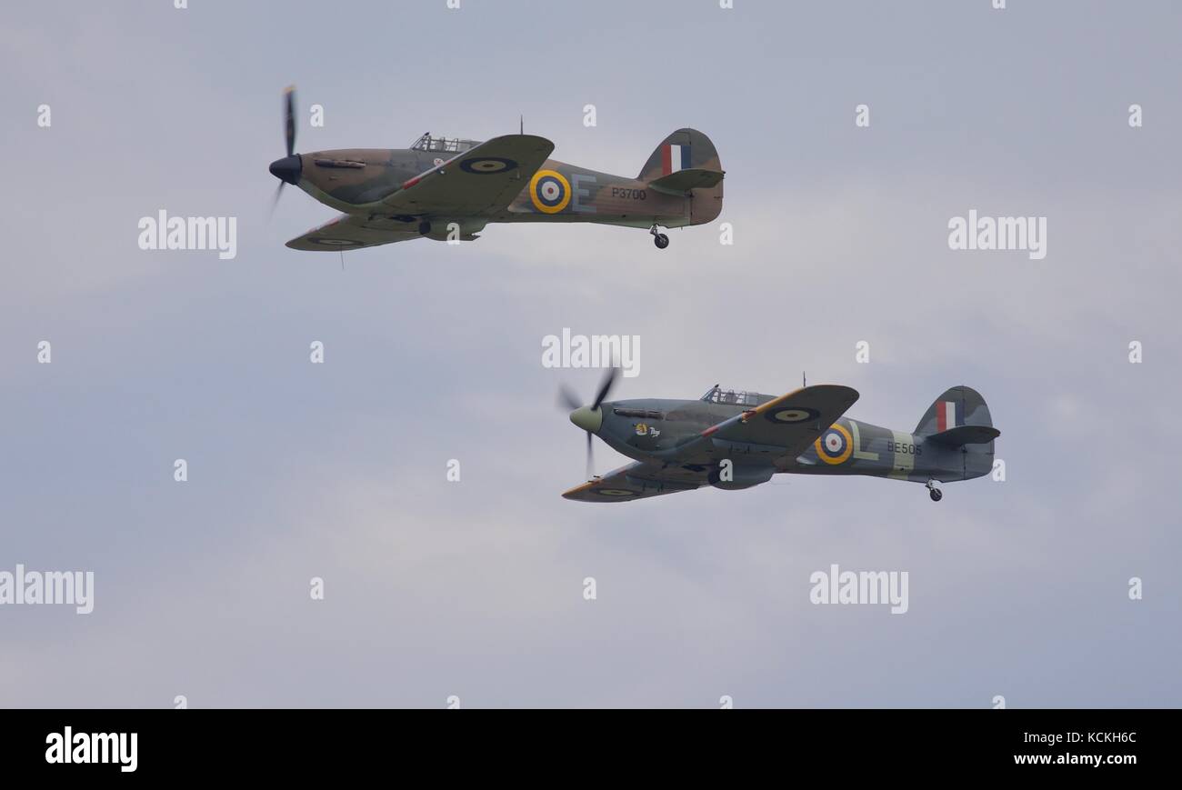 2 Hawker Hurricanes flying in formation at the Battle of Britain air