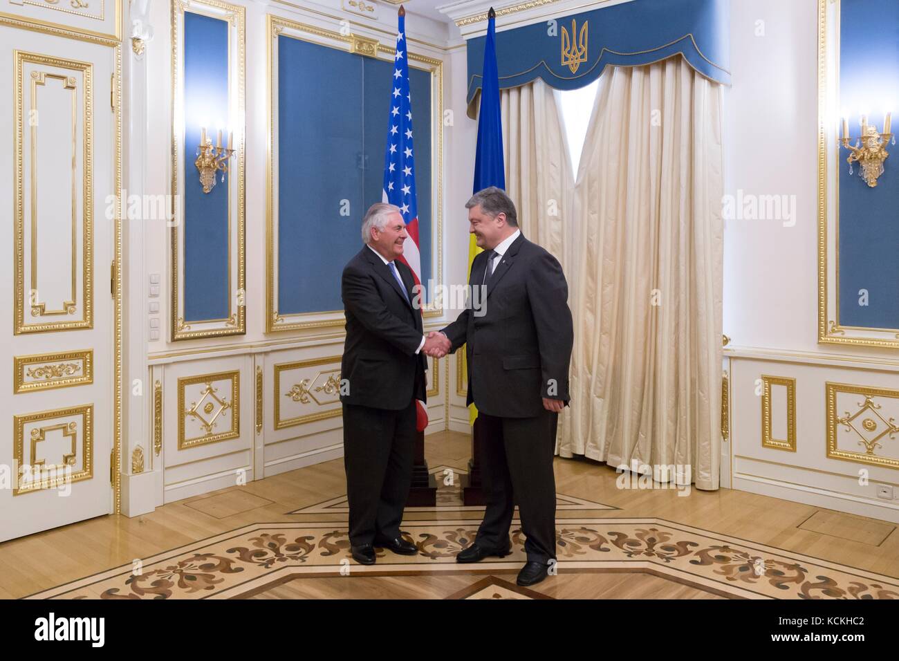 U.S. Secretary of State Rex Tillerson (left) greets Ukrainian President Petro Poroshenko July 9, 2017 in Kyiv, Ukraine.     (photo by State Department Photo via Planetpix) Stock Photo