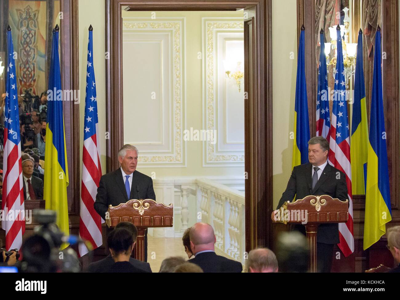 U.S. Secretary of State Rex Tillerson (left) and Ukrainian President Petro Poroshenko hold a joint press conference July 9, 2017 in Kyiv, Ukraine.     (photo by State Department Photo via Planetpix) Stock Photo
