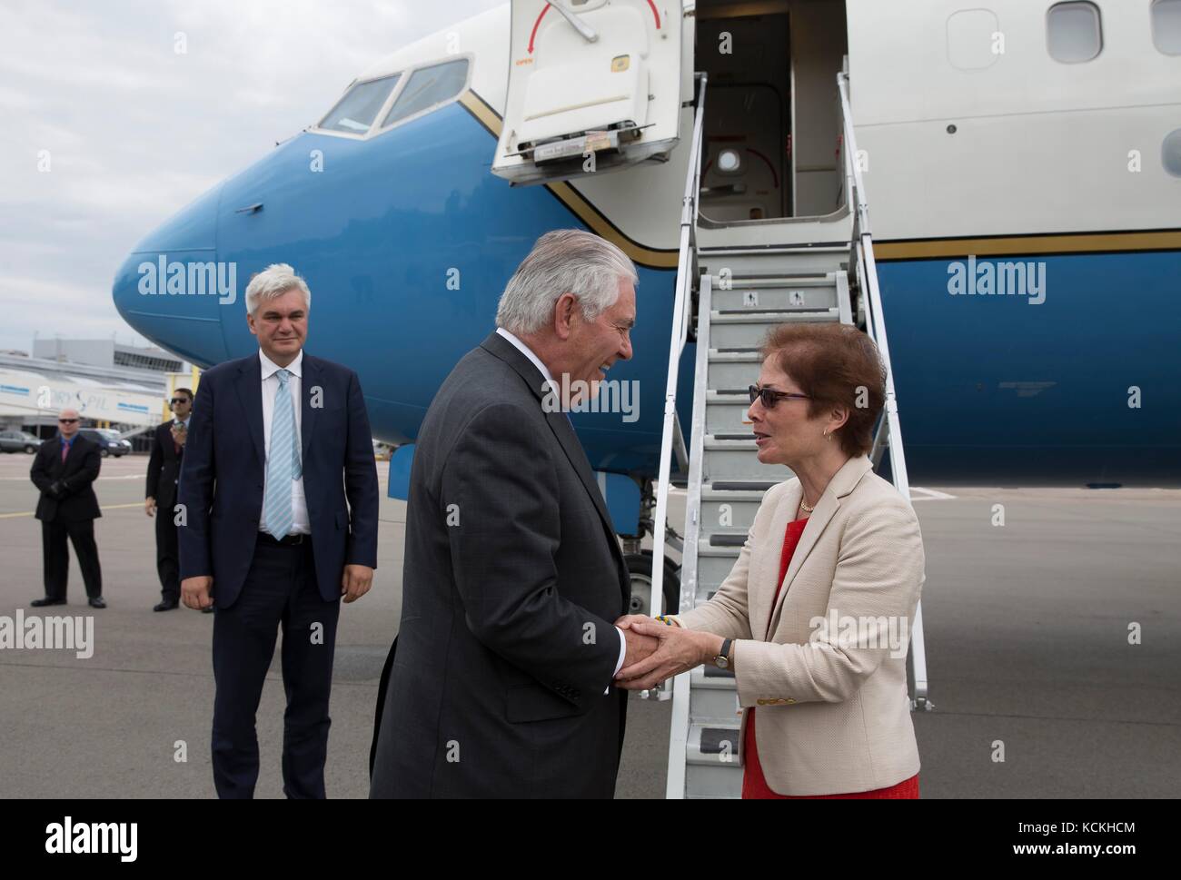 U.S. Secretary of State Rex Tillerson (left) says goodbye to U.S. Ambassador to Ukraine Marie Yovanovitch before departing from the Kyiv Boryspil Airport July 9, 2017 in Kyiv, Ukraine.     (photo by State Department Photo via Planetpix) Stock Photo
