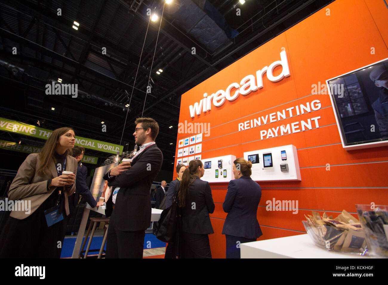 Exhibition stand for Wirecard AG  the global internet technology and financial services provider at Payexpo in London Stock Photo
