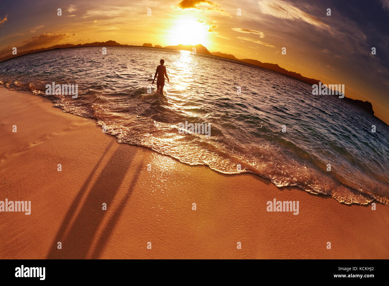 Tropical beach at sunset, El-Nido, Philippines, fisheye shot Stock Photo