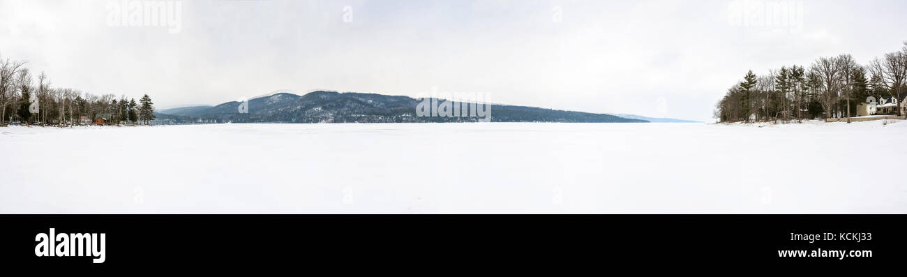 Panoramic view of winter frozen lake Stock Photo