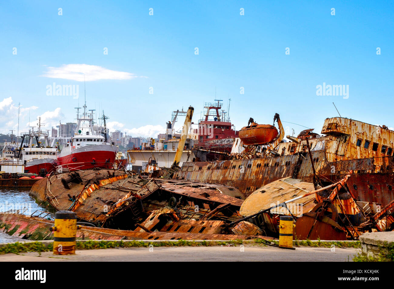 Shipwrecks in a harbor in Argentina Stock Photo