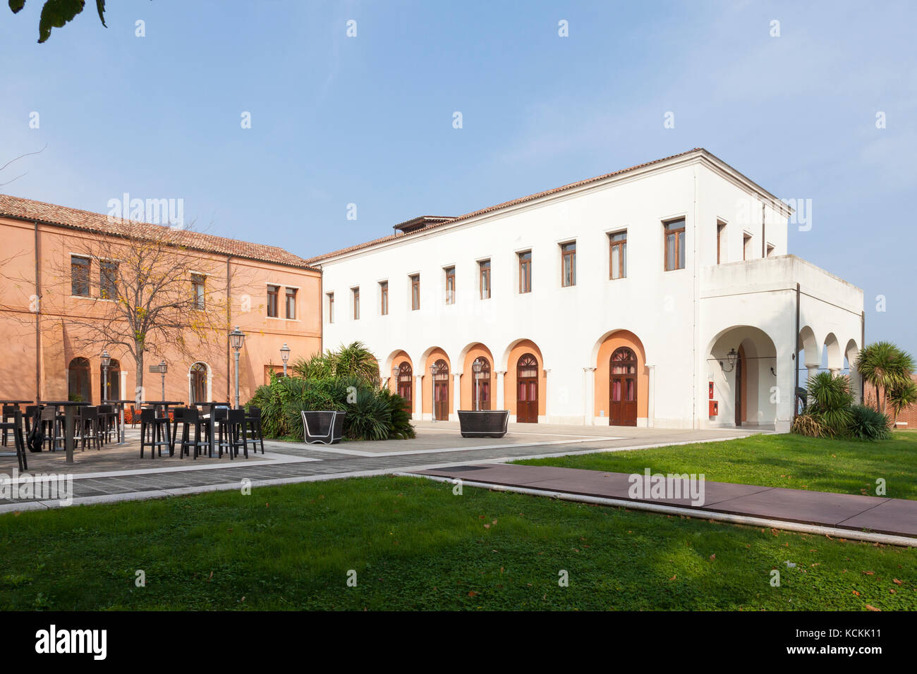 San Servolo Island, Venice, italy, The bar and cafe in the historic Venetian International University complex at sunset. Used for congresses and stude Stock Photo