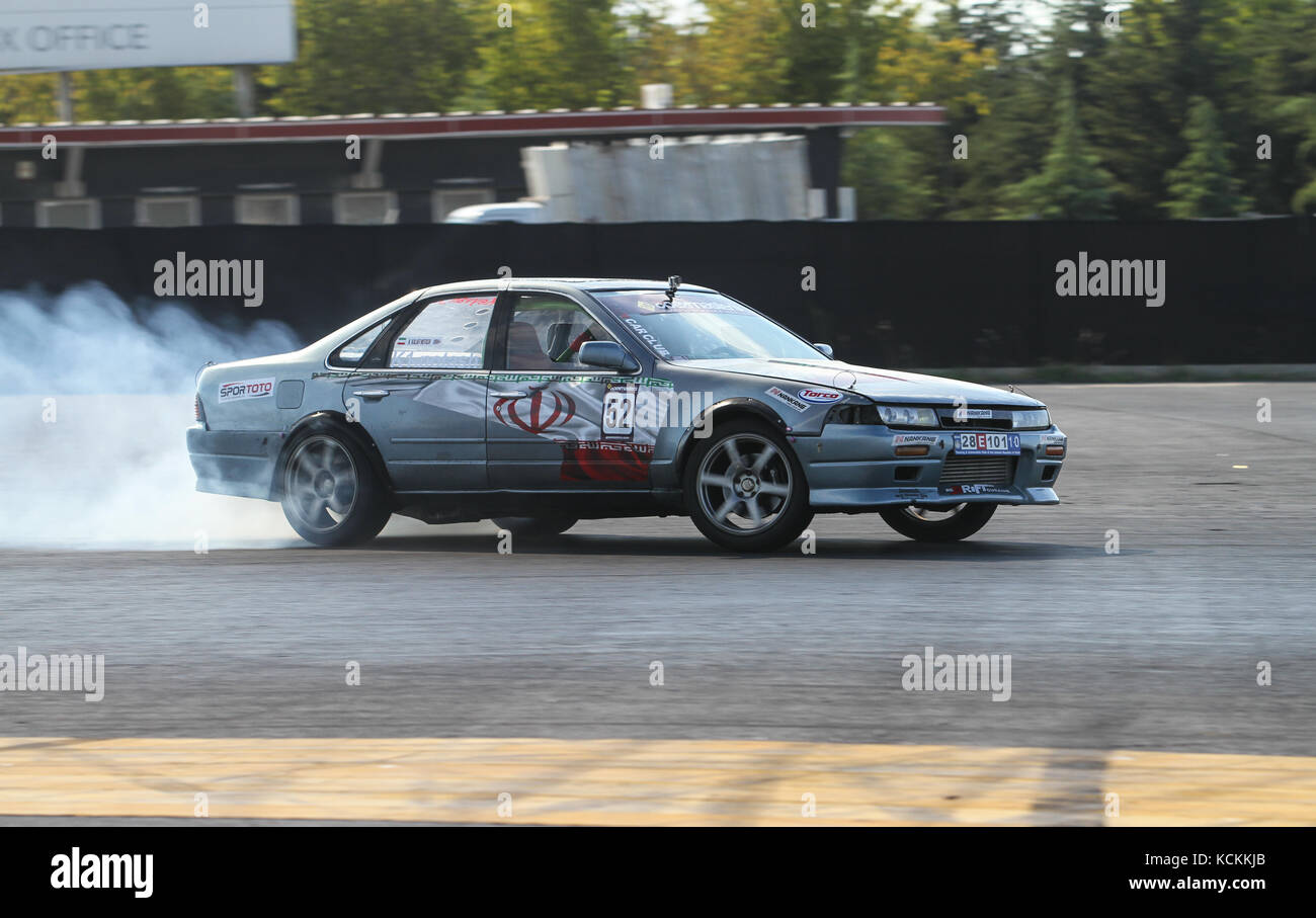 ISTANBUL, TURKEY - JULY 29, 2017: Kalafi Notash drives a drift car in Apex Masters Turkish Drift Series Istanbul Race. Stock Photo