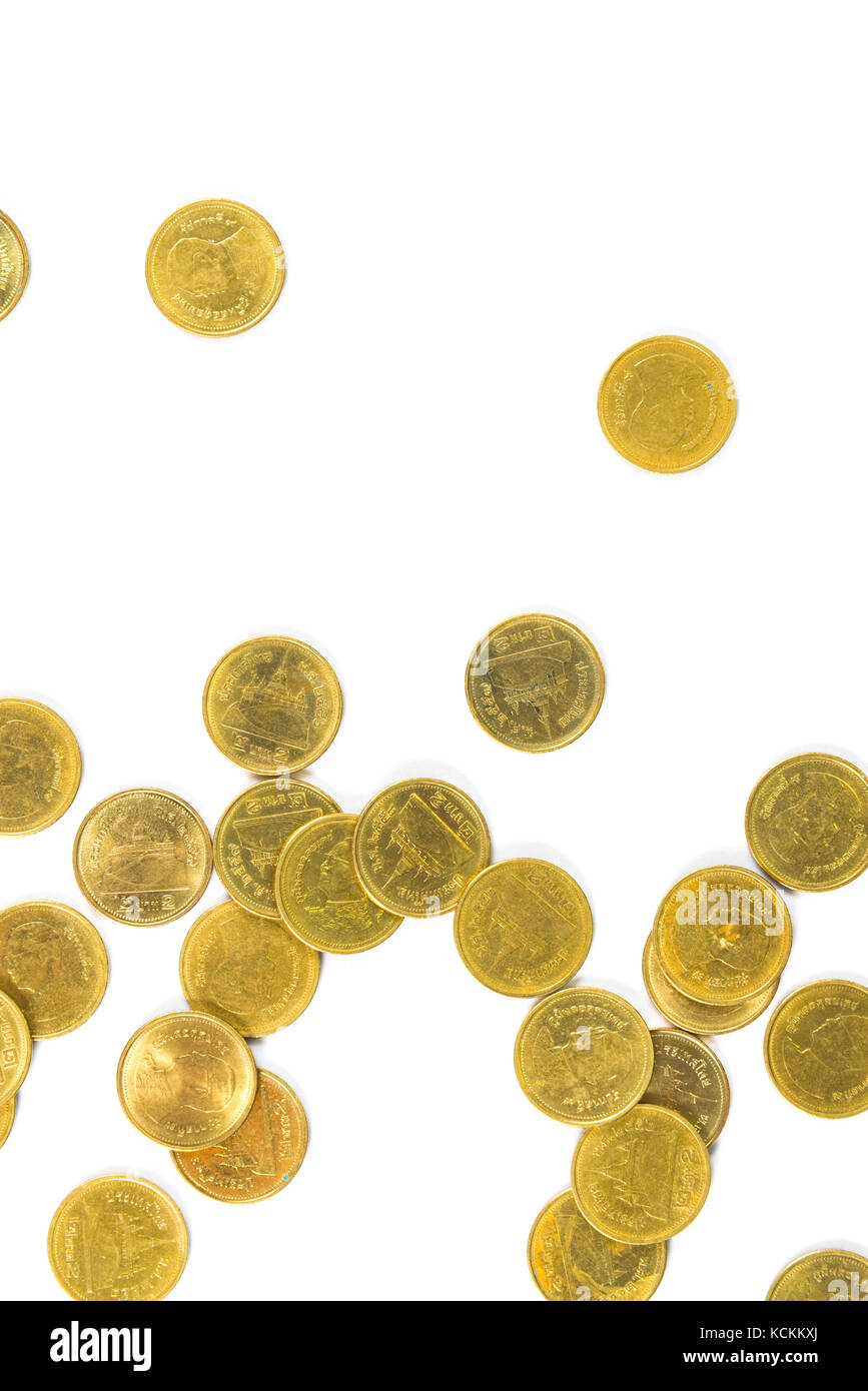 Top view of Falling gold coins money isolated on the white background ...