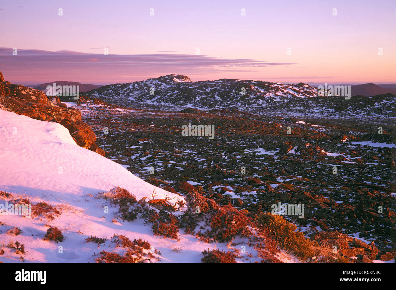 Mountain slope early on a spring morning, with snow. Ben Lomond National Park, Tasmania