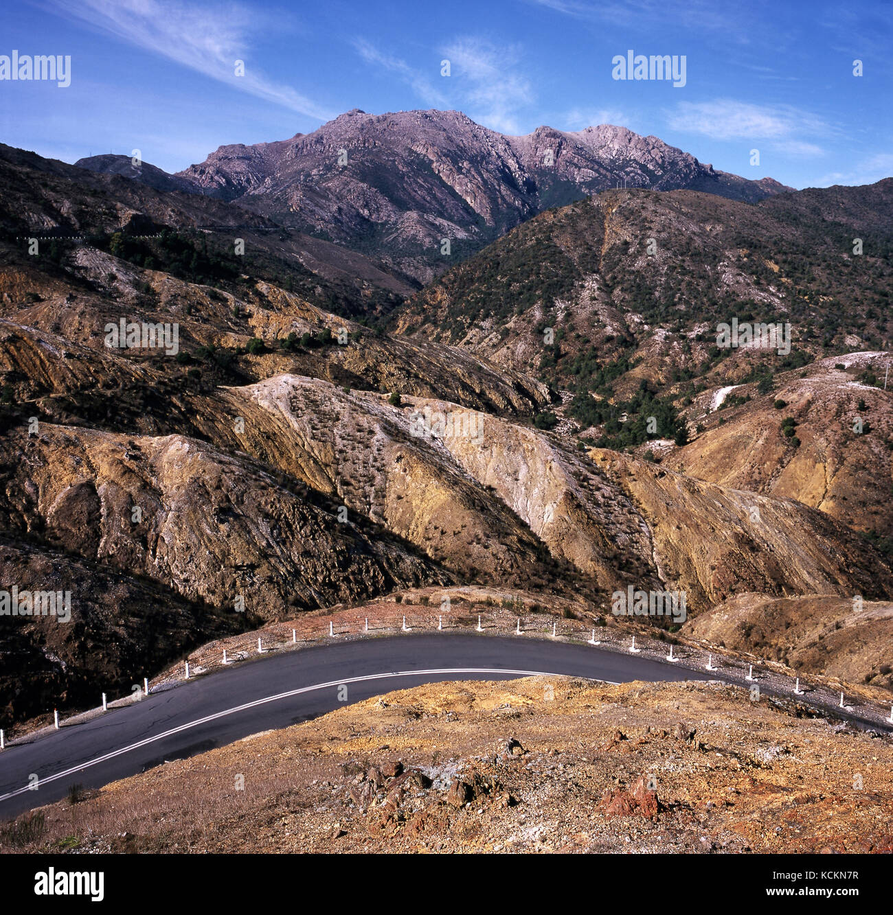 Lyell Highway, between Queenstown and Hobart, sealed road winding around a bend. Near Queenstown