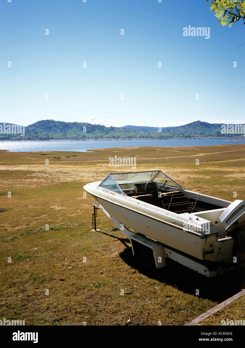 Lake Hume or Hume Weir reservoir. This stranded boat is positioned