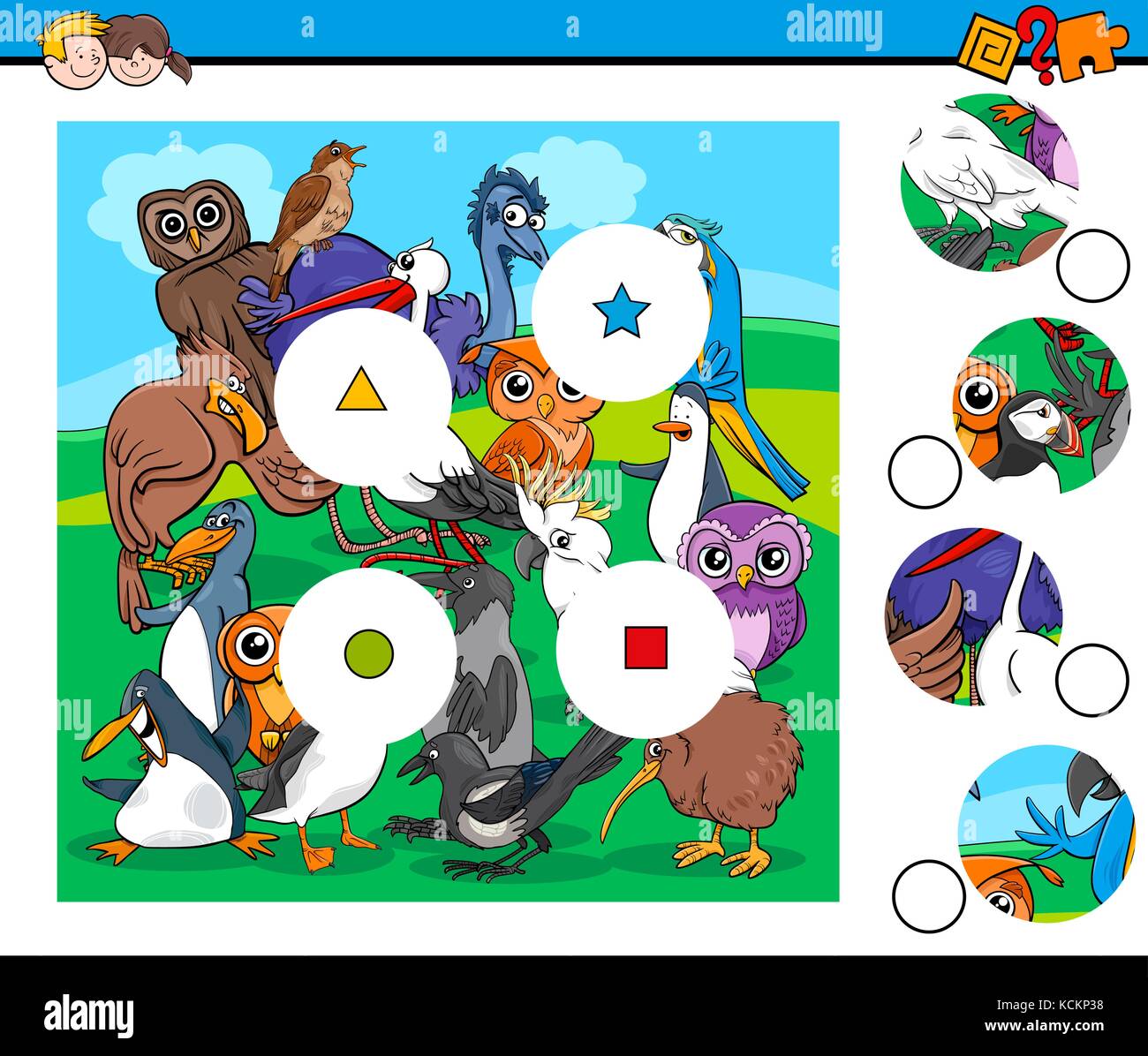 Cartoon Illustration of Educational Match the Pieces Game for Children