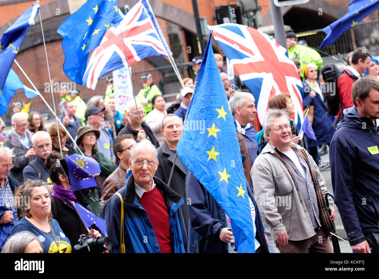 Stop Brexit demonstrators march through the city centre of Manchester during the Conservative Party Conference 2017 Stock Photo