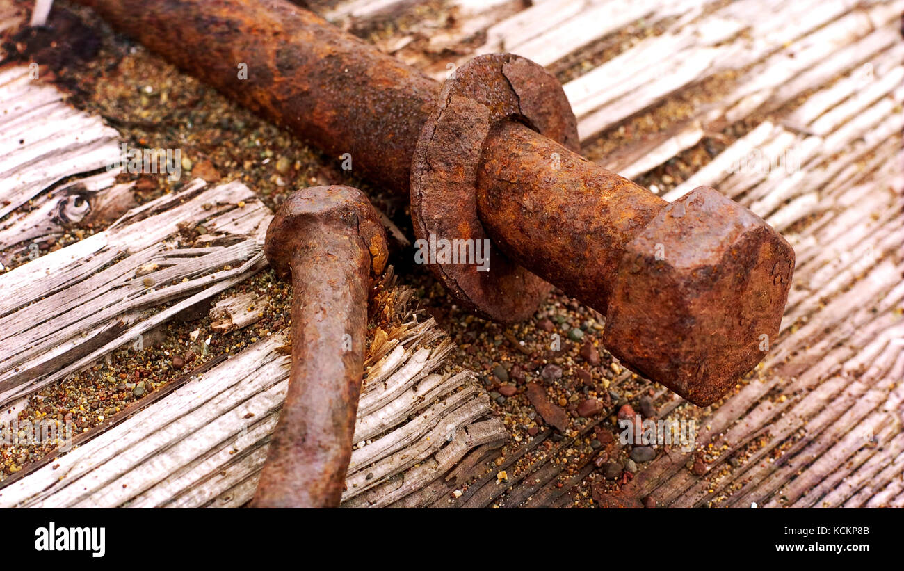 Rusted bolt with washer on a decayed wood Stock Photo