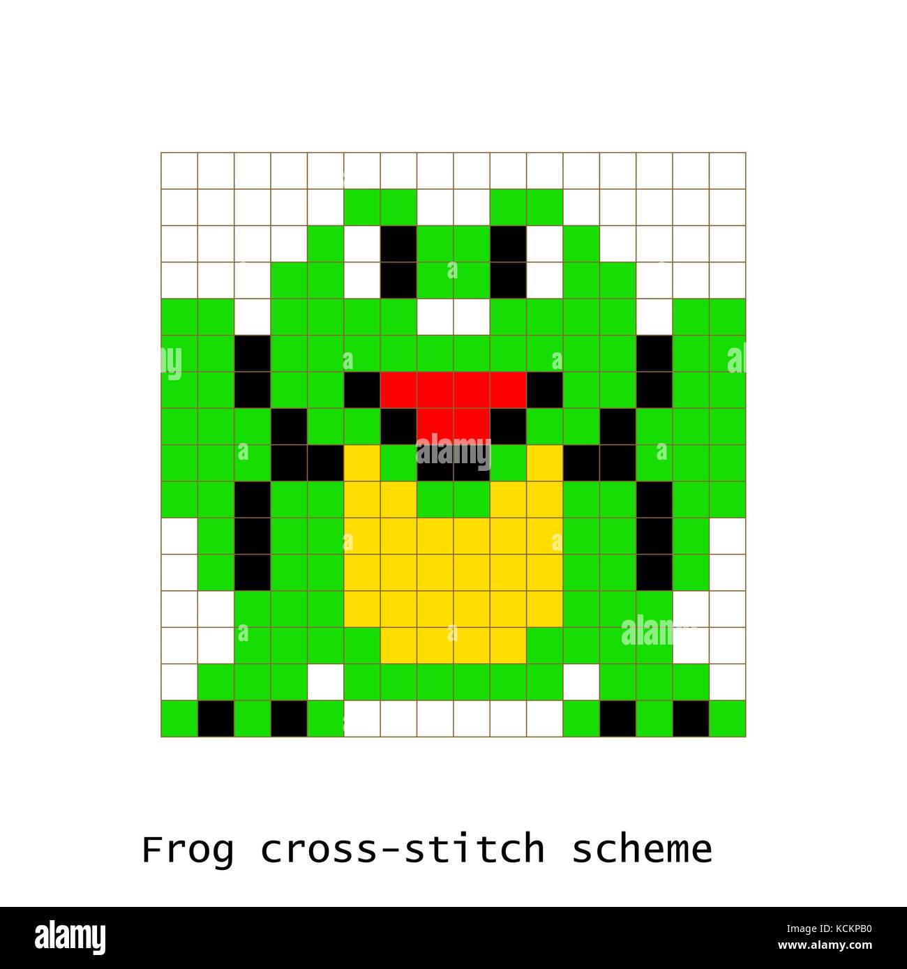 Cross-stitch pixel art frog animals vector set. Stock Vector