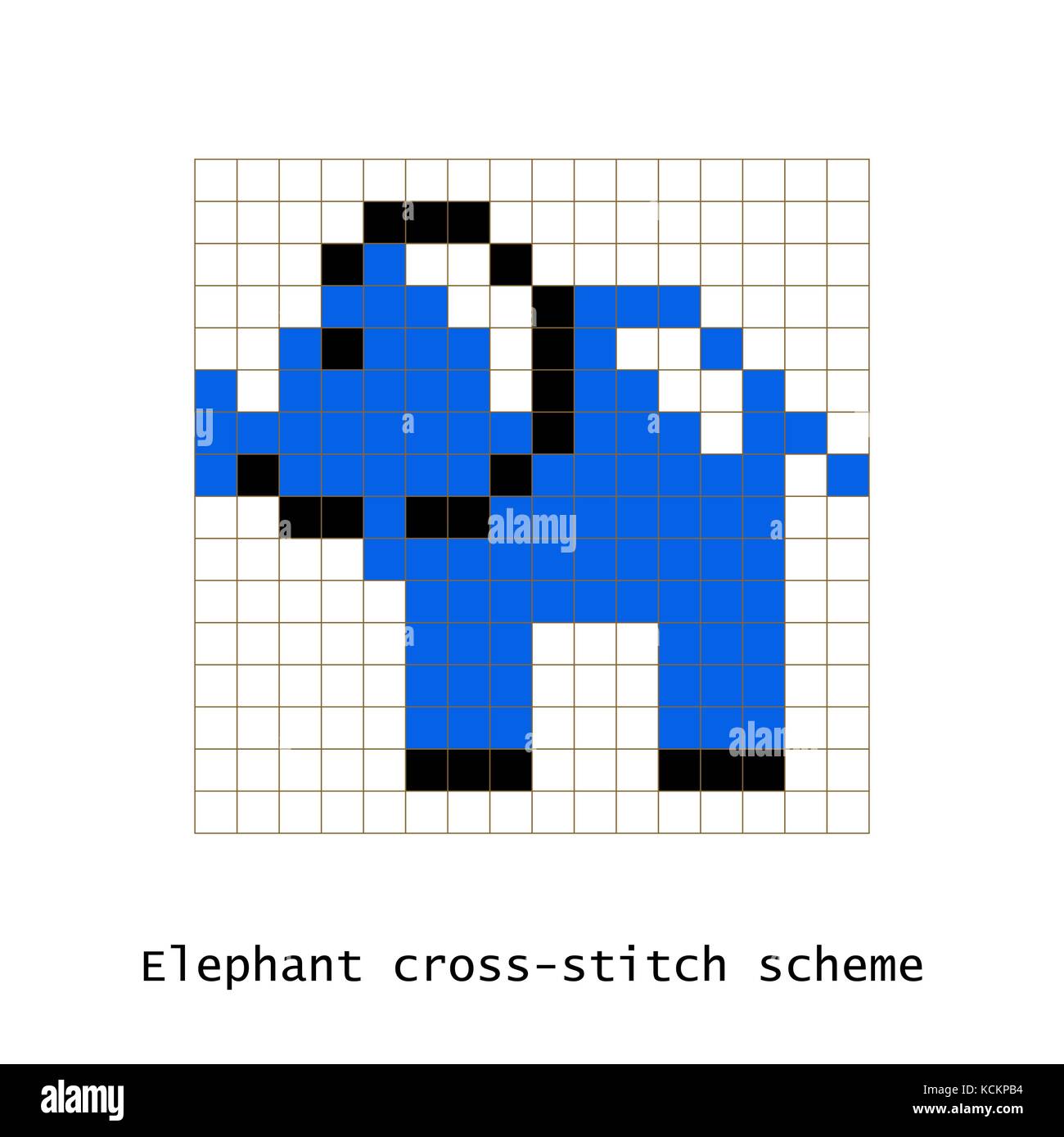 Cross-stitch pixel art elephant vector set. Stock Vector