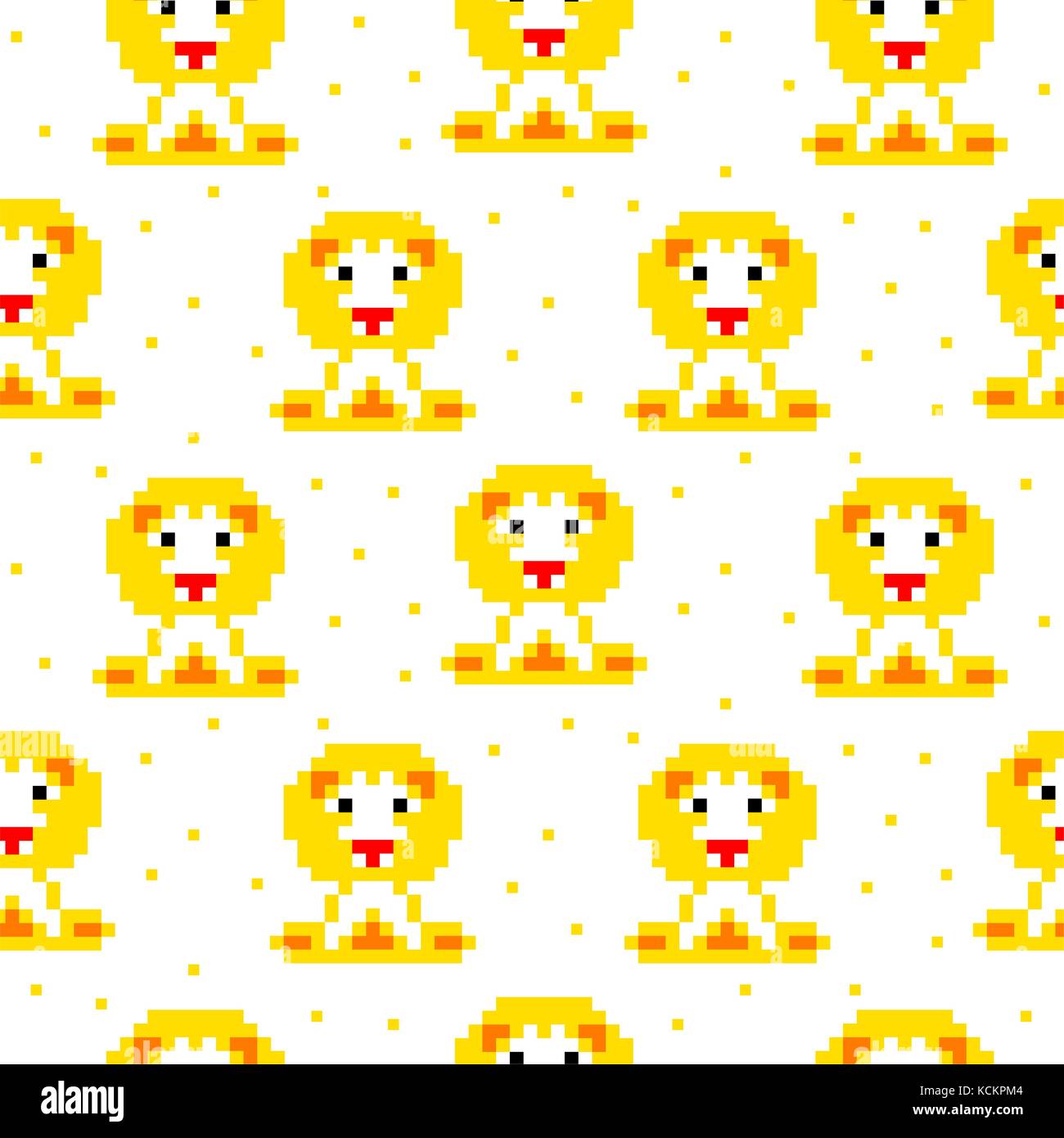 Yellow lion cartoon pixel art seamless pattern. Stock Vector