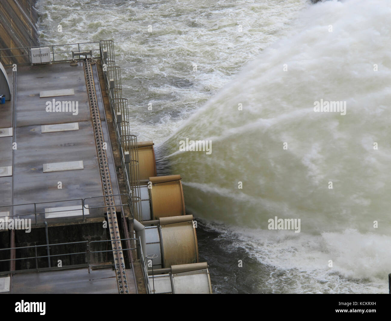 Water release at Hume Weir, on the edge of Lake Hume. Lake Hume was