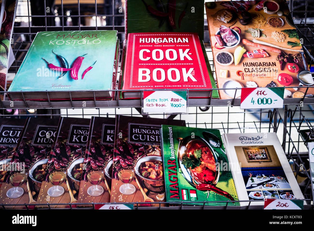 Bookshelf Display with Hungarian cookbooks, Budapest, Hungary Stock Photo