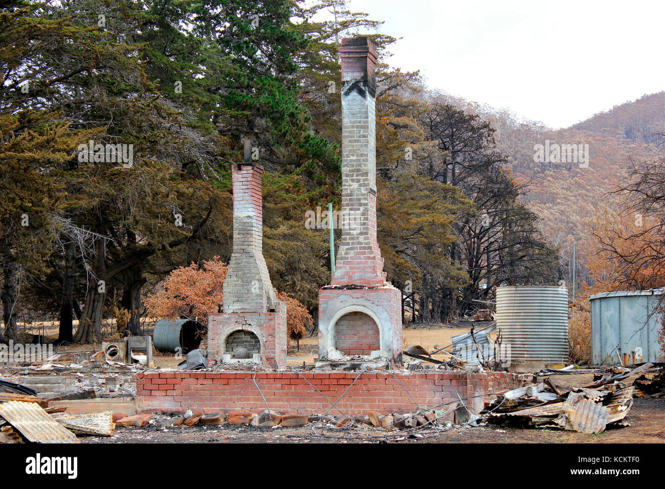 Aftermath of the catastrophic bushfires of January 4 2013, a destroyed house. Dunalley, southeastern Tasmania, Australia Stock Photo