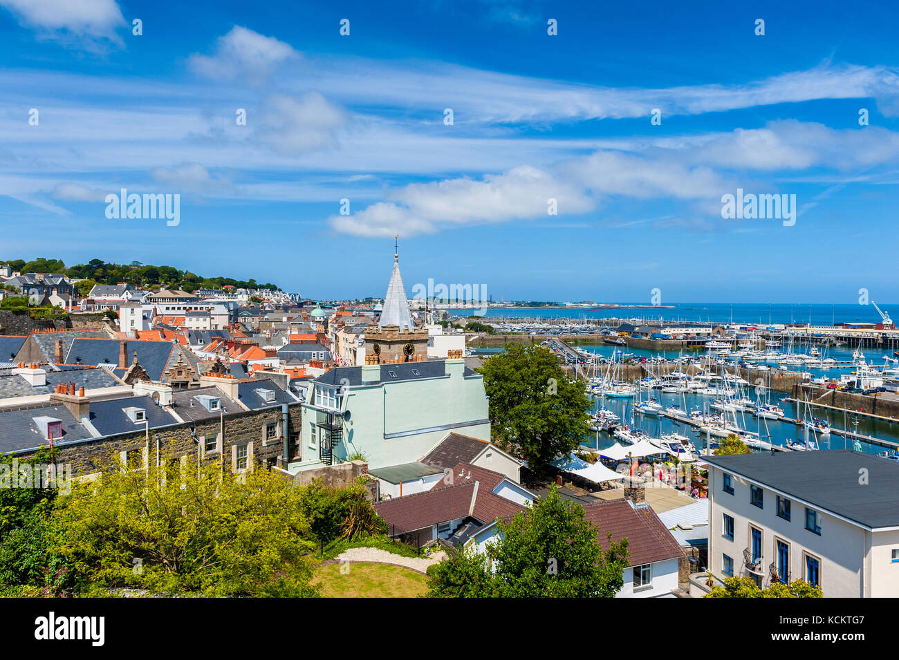 High Angle view over Saint Peter Port and its harbor and marina. Guernsey, Channel Islands, UK Stock Photo