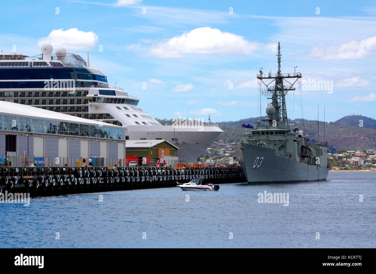 HMAS Sydney and the cruise ship ’Celebrity Solstice’. Hobart, Tasmania, Australia Stock Photo