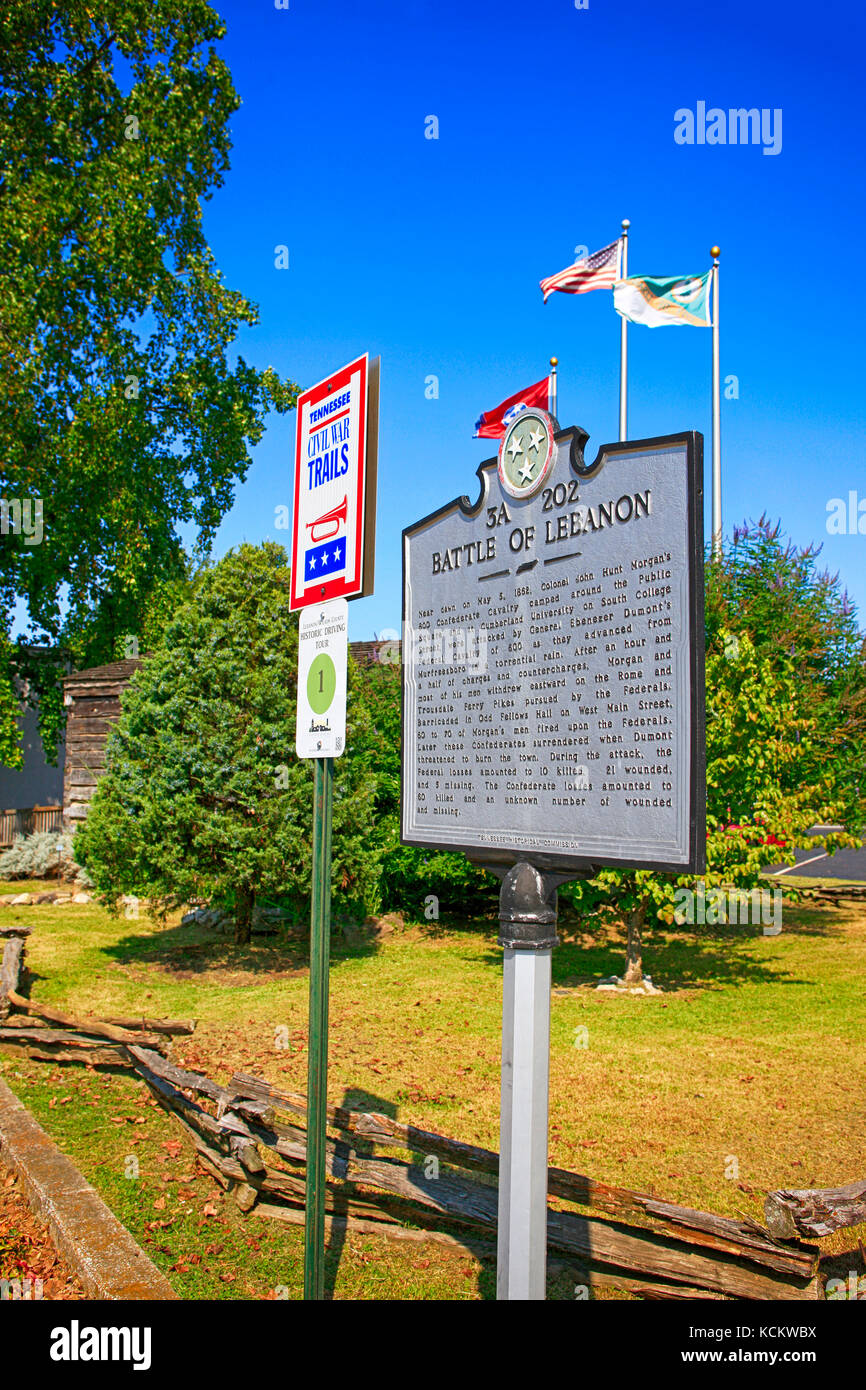 Battle of Lebanon historic signpost and plaque in downtown Lebanon TN