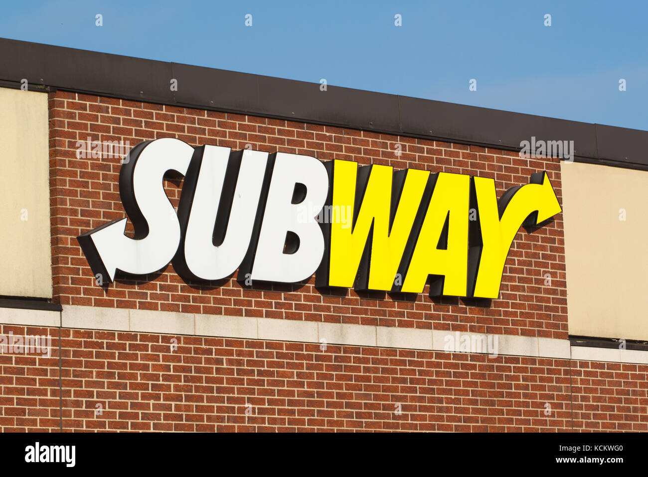 TRURO, CANADA - OCTOBER 5, 2017: Subway restaurant sign. Subway is an American fast food franchise offering sub sandwiches and salads. Stock Photo