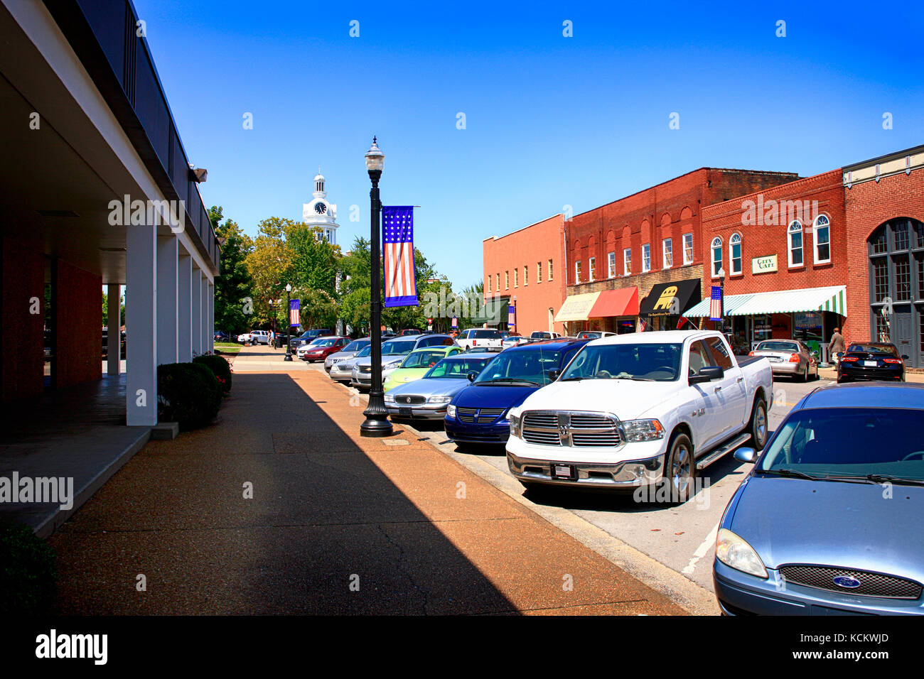Looking at the clock tower atop of the Courthouse in downtown Murfreesboro TN, USA Stock Photo