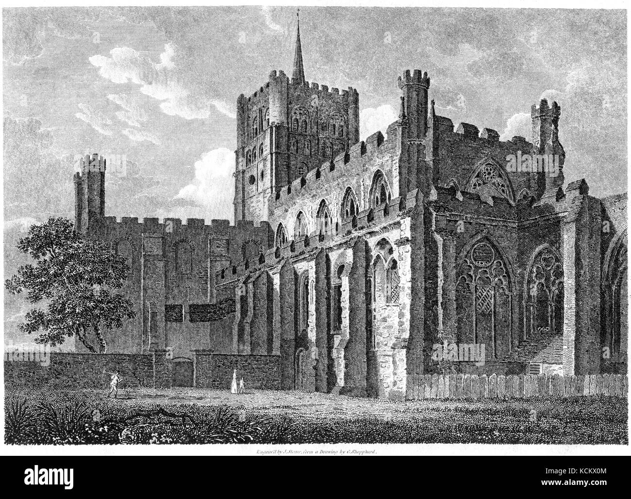 An engraving of the S E View of the Abbey Church, St Albans, Herts scanned at high resolution from a book printed in 1819. Believed copyright free. Stock Photo