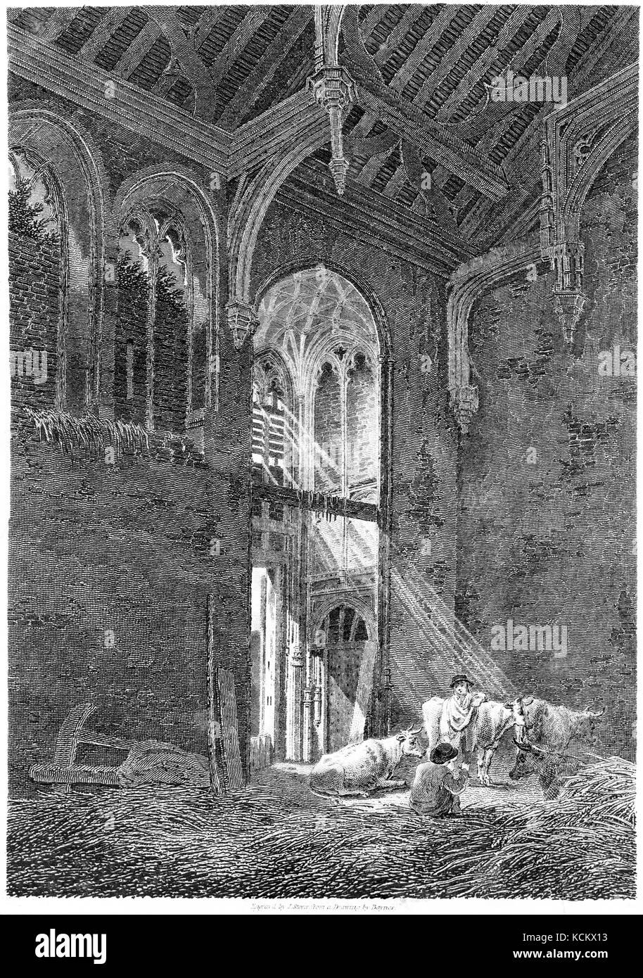 An engraving of the Interior of the Hall of Eltham Palace, Kent scanned at high resolution from a book printed in 1819.  Believed copyright free. Stock Photo