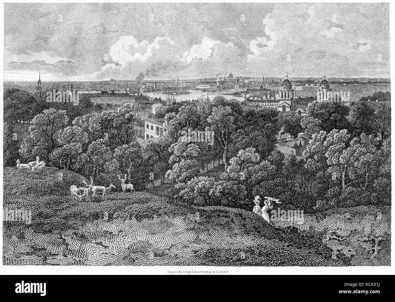 An engraving of London UK from Greenwich Park, Kent scanned at high resolution from a book printed in 1819. Believed copyright free. Stock Photo