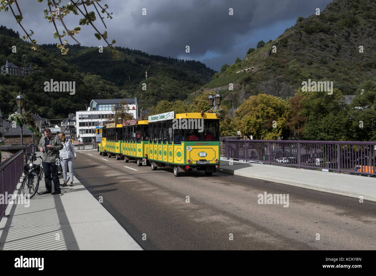 The town of Cochem, in the Mosel Valley, Germany Photograph shows the 'train' for trips round the centre. Stock Photo