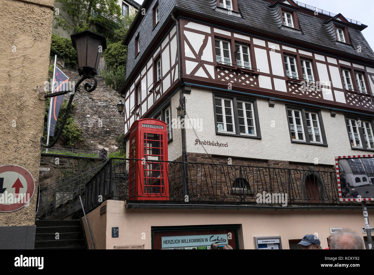 A UK Telephone Box in The town of Cochem, in the Mosel Valley, Germany Stock Photo